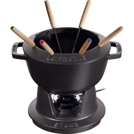 STAUB- Service à Fondue en Fonte, avec 6 Fourchettes à Fondue, Pour Fondue Savoyarde, Bourguignonne et au Chocolat, Ø 20 cm, Noir Mat (1/5)