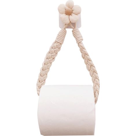 Porte-papier toilette en macramé – Porte-papier toilette tissé bohème avec motif floral, support adhésif sans perçage, parfait pour la décoration de salle de bain sur le thème rustique, ferme, bohème (1/5)