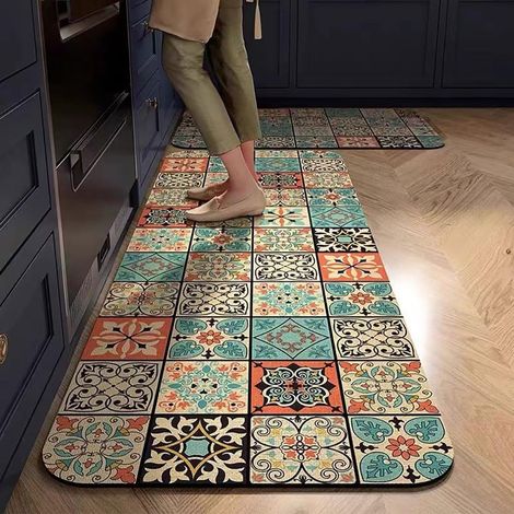 Non-slip kitchen mat, absorbent diatomite kitchen mat - Retro checkered pattern, washable kitchen mat in front of sink, bath mat, dish mat, shower mat (Retro B, 50x140cm) (1/5)