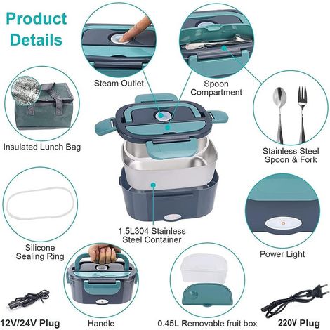 Gamelle Chauffante 3-en-1 (12V/24V/220V), Boîte Repas Portable 1,5L, 60W Lunch Box Réchauffe-Aliments pour Voiture (1/2)