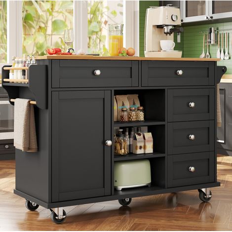 Desserte de cuisine 134 x 46 x 92 cm noire avec étagères latérales, tiroirs et usage mobile ou fixe (1/5)