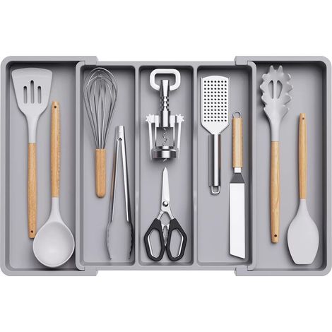 Expandable Cutlery Storage, Adjustable Drawer Organizer Kitchen Organization Plastic Separator Drawer for Kitchen Cutlery (Grey) (1/5)