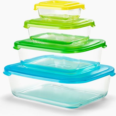 Nest™ Glass Storage de Joseph Joseph, juego de 4 recipientes apilables de vidrio con tapa hermética, capacidad de 230 ml a 1.85 L, aptos para microondas y lavavajillas (1/5)