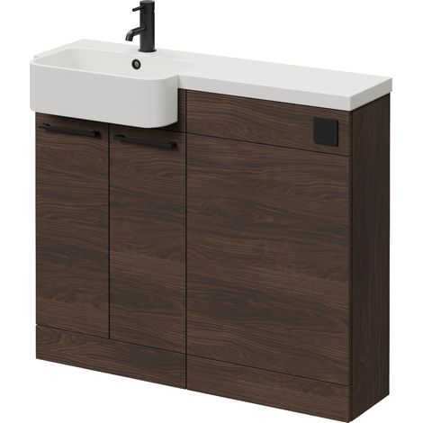 Napoli 250 Brown Oak 1000mm 2 Door Vanity Unit Toilet Suite with Left Hand Round Rico Semi Recessed Basin - 1000mm - Matt Black 160mm HandleWithout Kingston Toilet Pan