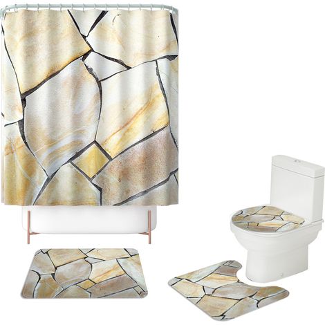 Filiyano-Ensemble de toilette quatre pièces comprenant un tapis de sol carré en marbre, un rideau de douche et un tapis de bain antidérapant. (1/5)