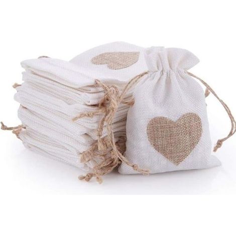 30Pcs Sachets en Toile de Jute Pochettes avec Cordon et Motif de Coeur pour Dragée Bijoux Cadeau Mariage Baptême Anniversaire Noël (1/3)
