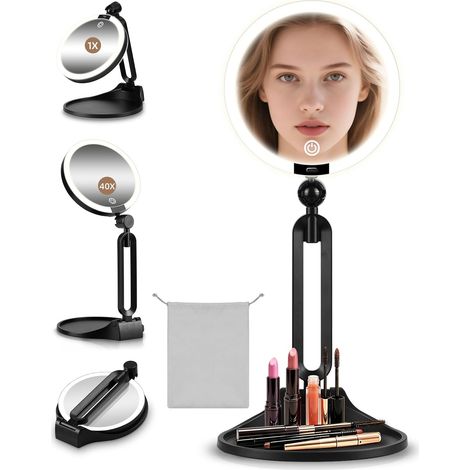 Miroir grossissant lumineux 40X/1X pour le maquillage, miroir grossissant double face 1X/40X avec 3 couleurs d'éclairage, miroir de bureau rechargeable avec grossissement 40X et rotation à 360° (1/5)