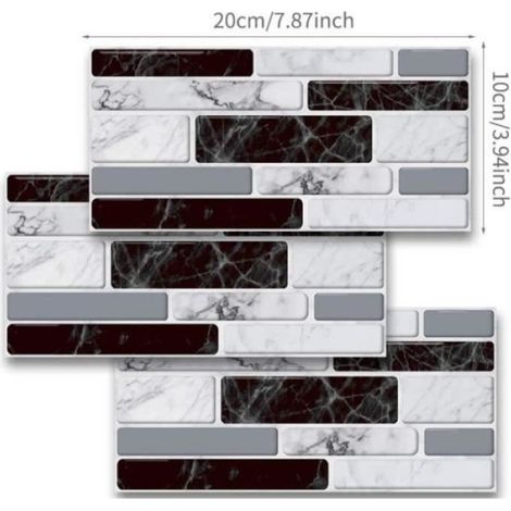 Autocollant mural - - Effet carrelage - Vinyle - 10x20 cm (9 pièces) - Noir/Blanc (1/4)