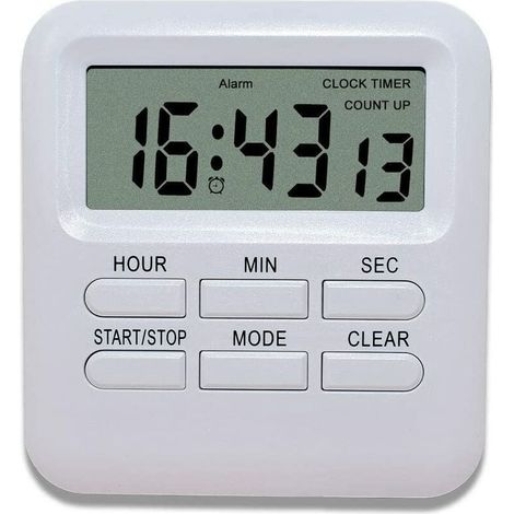 Minuterie Digitale avec Fonction d'Horloge/Réveil 3 en 1, Minuterie de Cuisine Aimanté, Timer Chronomètre Compte à Rebours, Gestion du Temps pour Cuisine/Étude/Sport (Blanc) (1/5)