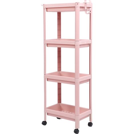 Étagère de rangement de sol pour salle de bain, multi-niveaux, stable et durable, autoportante, d'angle, rose, 4 niveaux (avec roulettes) (1/5)