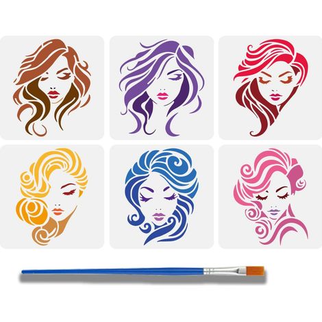 6Pcs Pochoirs de Coiffure pour Dames pour la Peinture Avec Pinceau 15x15cm Pochoir Réutilisable pour les Traits Du Visage Pochoir pour les Beaux Cheveux Creusés Pochoir Thème Personnage (1/5)