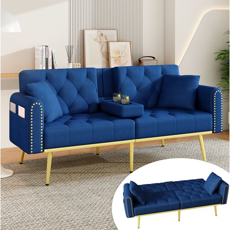 Divano letto 175x80x73.5 cm, schienale reclinabile, portabicchieri nascosto, velluto blu (1/5)