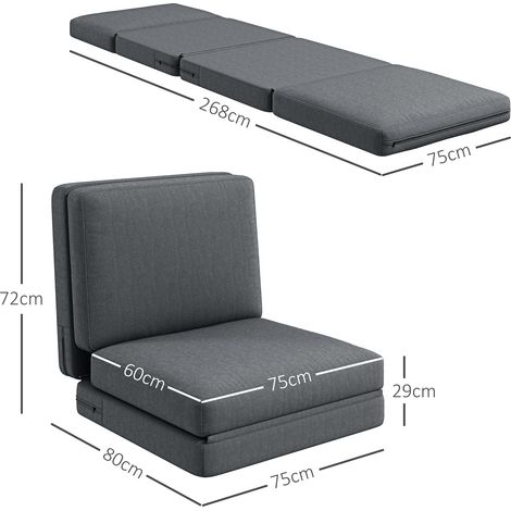 Faltbarer Bodensessel mit Kissen, wandelbares Polstersofa, Wohnzimmer, Gästezimmer, Büro, 75 x 268 x 18 cm, Dunkelgrau (1/5)