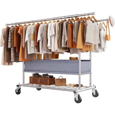Porte-manteau sur roulettes - Double tringle à vêtements - Charge maximale : 283 kg - Design industriel - Avec étagère et panier à linge - Longueur et hauteur extensibles (1/5)