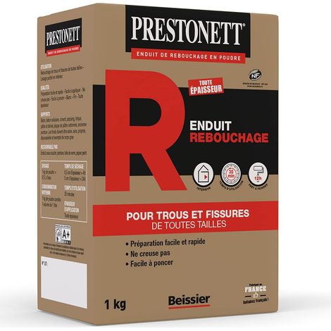 Prestonett – Enduit de rebouchage intérieur en poudre 1kg – Excellente adhérence sur béton, plâtre et brique – Temps de prise 35min, ponçable