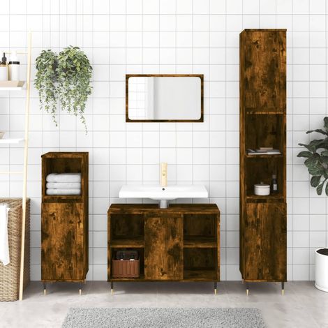 Armoire de bain,Meuble de salle de bain chêne fumé 30x30x100 cm bois d'ingénierie CFW473689 (1/5)