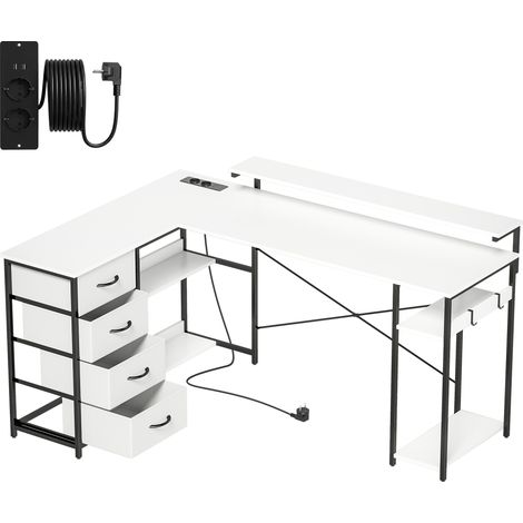 Scrivania Angolare 155x112x85,5-91,5 cm con Prese 4 Cassetti in Tessuto Rialzo Monitor e 2 Ganci Bianco e Nero (1/5)