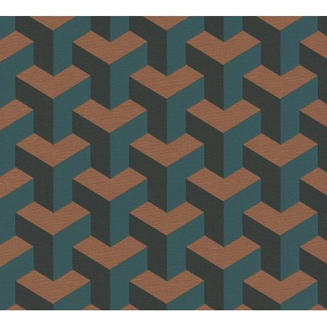Papier peint graphique moderne, cubes orange bleu canard bleu foncé, salon, hôtel, 781502 (1/4)
