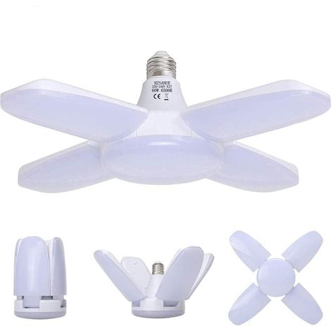 Lampe Garage - E27 - 60 W - 5500 Lm - 6500 K - 4 Panneaux Ajustables - Pour Atelier Garage Entrepôt Gymnase - 1 Pièce