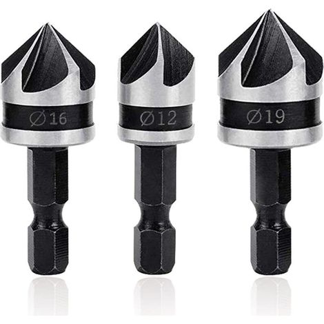 Kit Fraise à Chanfreiner 90°   Fraise Conique 5 Flûtes, Outil de Coupe Bois avec Tige Hex 12mm/16mm/19mm