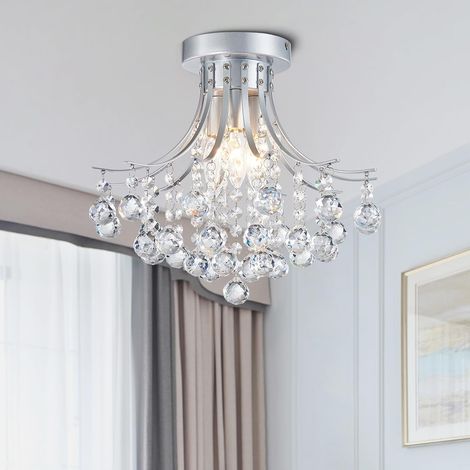 Lustre Semi-Flush Moderne – Cristal Argenté – 2 Ampoules E14 – Diamètre 38 cm – Hauteur 36 cm – Pour Salle à Manger, Salle de Bain, Chambre, Salon
