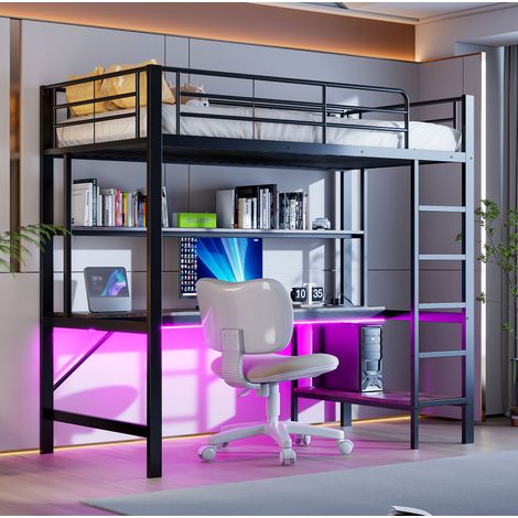 Cama alta moderna 90x200 cm de metal negro con escritorio, estantería, escalera, barandilla, USB, enchufe y LED (1/5)