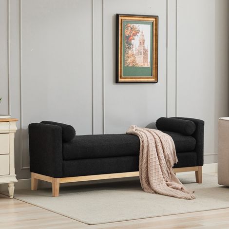 Banc de lit élégant 149x50x63.5cm - Design avec pieds en bois rainurés et 2 coussins cylindriques - Chenille Noir (1/5)