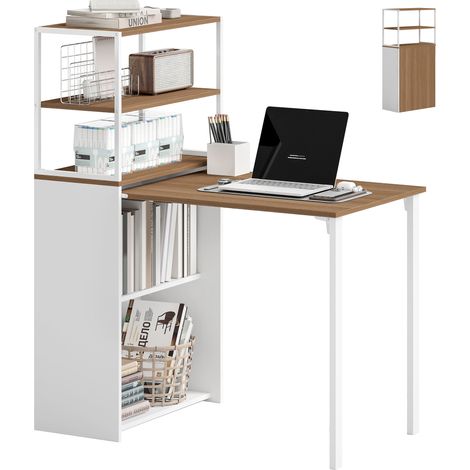Schreibtisch Klappbar Küchentisch mit 4 Regal Computertisch Arbeitstisch Laptoptisch 105 x 60 x 127 cm Naturholz (1/5)