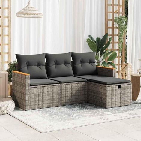 4-tlg. Garten-Sofagarnitur Kissen Grau Poly Rattan Balkonmöbel Set (1/5)