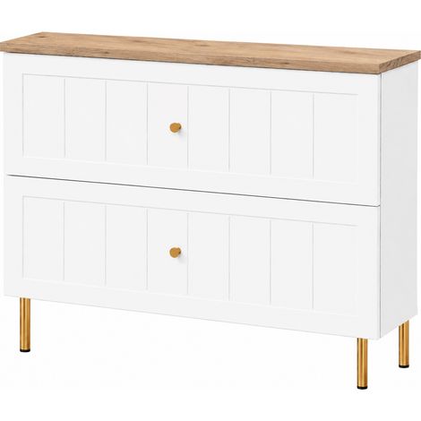 Mobile Bagno a Terra sotto Lavabo con Piano, 2 Cassetti con Chiusura Ammortizzata, Frontale Rigato MDF 19 mm, Bianco + Piano Rovere chiaro, Maniglie Oro, Piedini Oro, 80 x 46 x 73,6 cm (1/5)