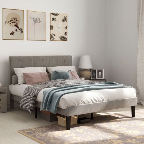 Cadre de lit double 140 x 190 cm lit 2 personnes tête de lit réglable sommier 150 x 198 x 100/105/110/115/120 cm gris (1/5)