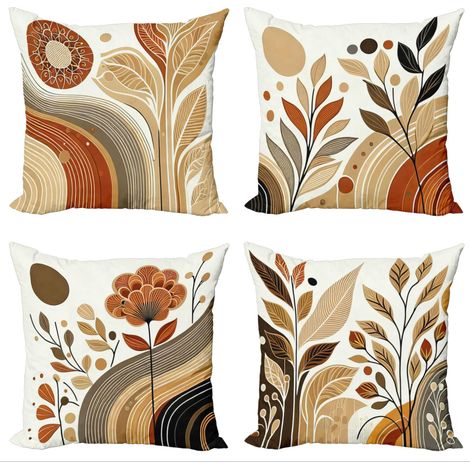 Lot de 4 housses de coussin, bohème abstrait, décoration botanique, taie d'oreiller carrée en lin, décoration d'intérieur 45×45 cm (1/5)