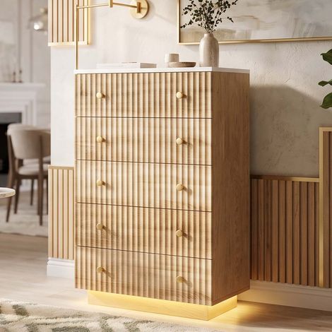 Creahappy Commode 5 Tiroirs 73x40x111cm - Espace de Rangement Optimisé - Style Bois Naturel avec Éclairage LED3 Couleurs - Chêne (1/5)