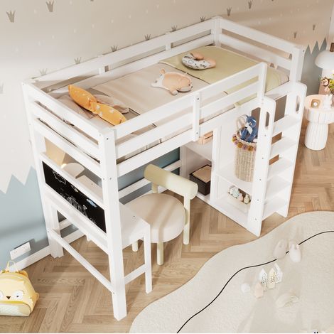 Cama alta 90x200 cm blanca de madera con escritorio, pizarra y armario abierto