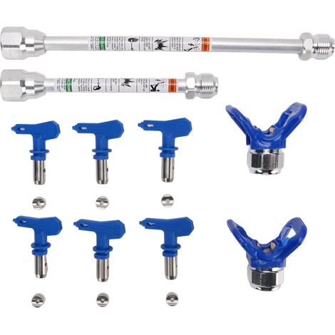 Lot de buses pulvérisateur airless peinture 211 313 319 415 517 623 avec 2 supports de buse 2 tiges d'extension bleues acier inoxydable ABS (1/5)