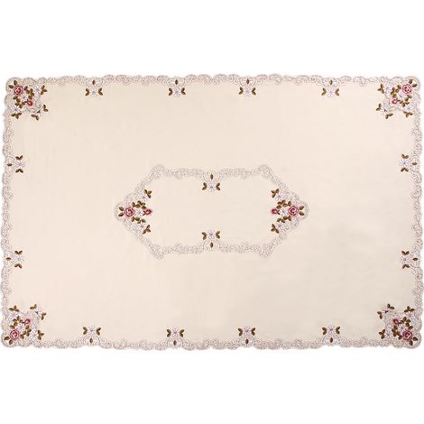 Chemise De Table - Brodée Fleur Rouge - En Lin - 150 x 220 cm - Pour Table Ronde 105 à 130 cm - 1 Pièce (1/5)