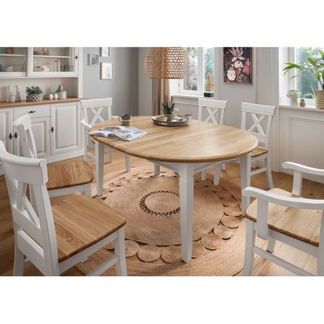 Esstischgruppe weiß ESBJERG-69 Landhausstil in Kiefer weiß lackiert mit Eiche massiv 7-teilig (1/5)