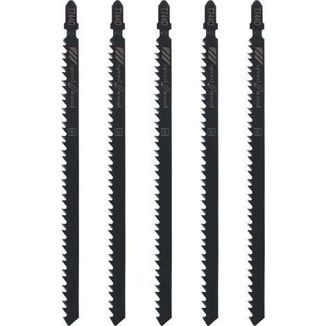 Lot de 5 lames de scie sauteuse T744D en acier à haute teneur en carbone 6 TPI 150 mm Longueur de travail droite Coupe rapide Tige en T Lames de scie sauteuse pour bois et plastique (1/5)