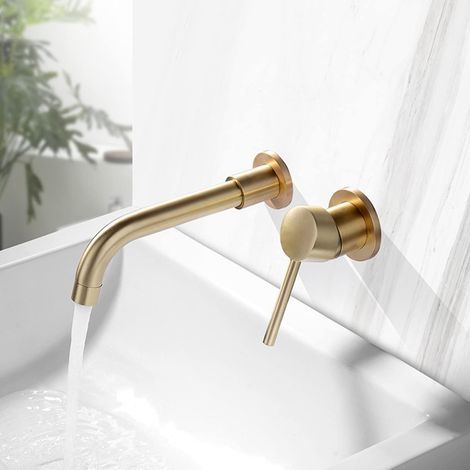 Mitigeur de lavabo mural, en laiton, avec bec pivotant à 360° pour eau chaude et froide, mitigeur monocommande, finition or brossé. (1/5)
