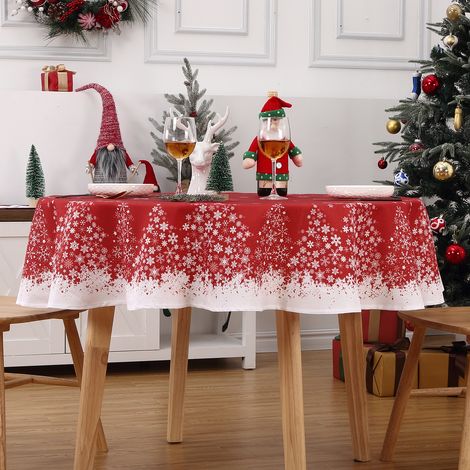 Nappe de Noël imperméable & anti-taches, essuyable et lavable, polyester infroissable, motif flocons de neige & sapins - Ronde 60 pouces - Rouge (couleur) (couleur classique) (couleur)