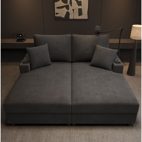 Sofá 2 plazas 163/140/82 cm en pana gris con soporte para móvil, USB y portavasos (1/5)