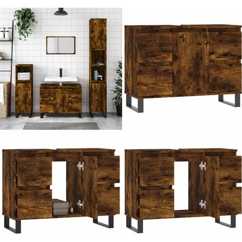 Armoire salle de bain chêne fumé 80x33x60cm bois d'ingénierie - Meuble De Salle De Bain - Armoire De Salle De Bain - Rangement Salle De Bain - Commode Salle De Bain - Mobilier Salle De Bain - Home & L