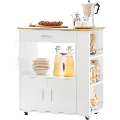 Carrito de Servicio Camarera Multiusos Mueble con 3 Estantes laterals 2 Puertas 1 Cajón y 1 Porta Paños de Cocina Blanco 82 x 46 x 88 cm FKW113-WN SoBuy ES (1/5)