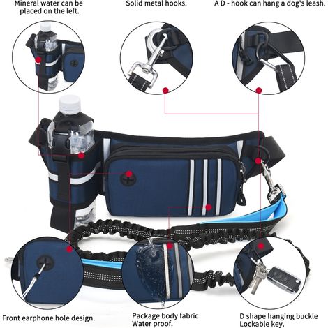 Laisse mains libres pour chien avec pochette zippée, porte-bouteille, laisse réfléchissante, sac banane pour jogging et marche en extérieur (1/5)