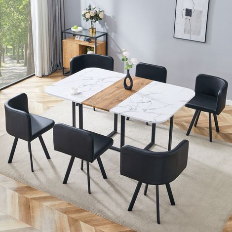 Ensemble table et chaises de salle à manger –4 à 6 personnes -Les tables et les chaises peuvent être rangées - Plateau en MDF imitation bois, pieds en métal noir – Blanc+ noir (1/5)