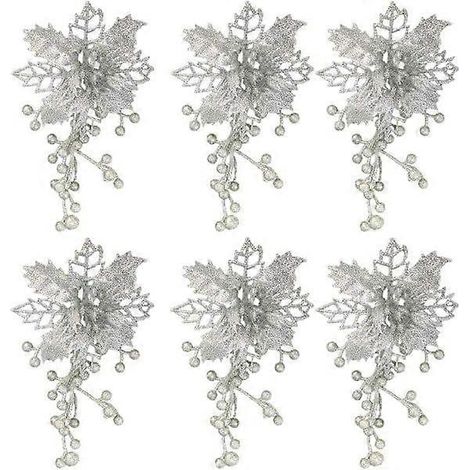 Ensemble de 6 poinsettias artificiels pour décorations florales de sapin de Noël, ornements de Noël en poinsettias rouges avec pinces (1/5)
