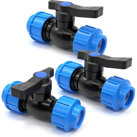 Lot de 3 robinets sphériques en polypropylène de 25 mm - Raccord de serrage en plastique PP - Raccord de serrage à 2 voies - Pour tuyau PE de 25 mm (bleu) (1/5)