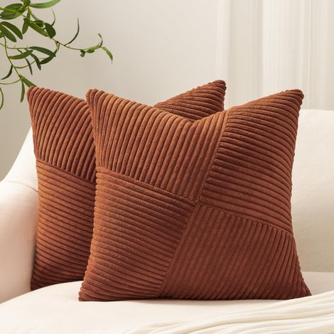 Lot de 2 housses de coussin boho en velours cotele, motif croise, marron rougeatre, 30x50 cm (1/5)