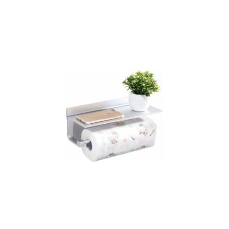 Porte-rouleau de cuisine, porte-rouleau de cuisine avec espace de rangement, étagère en aluminium auto-adhésive sans clous, pour salle de bain et cuisine (1/4)
