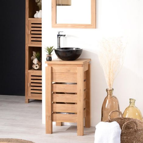 Wanda Collection – Meuble salle de bain wc Zen en teck 40cm – Dimensions 40x30x75cm – Rangement pratique avec porte ajourée – Finition teck poli